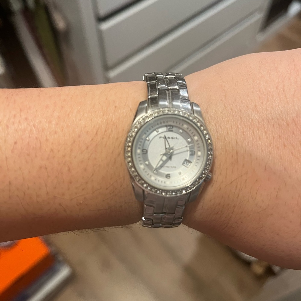 Fossil Silver-Tone Watch with Crystal Details